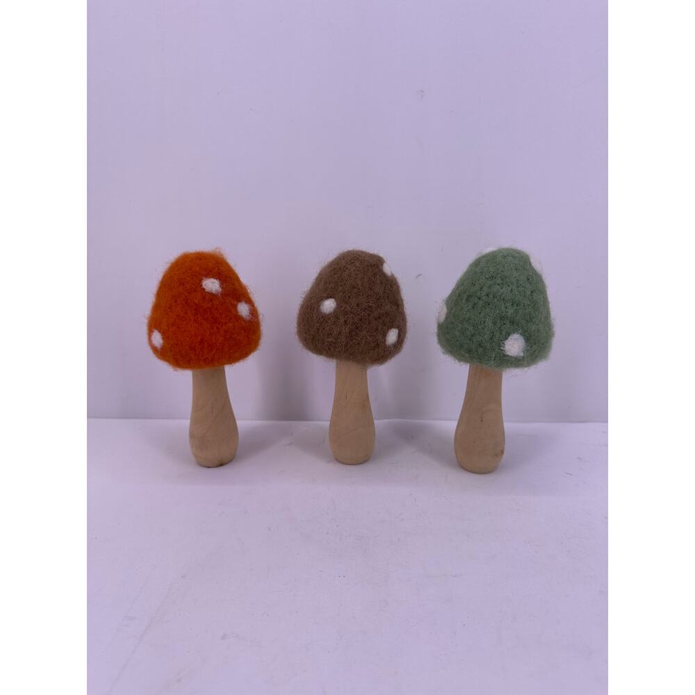 Mushroom Ornament Wood Base Felt Cap 6”Tall Set Of 3